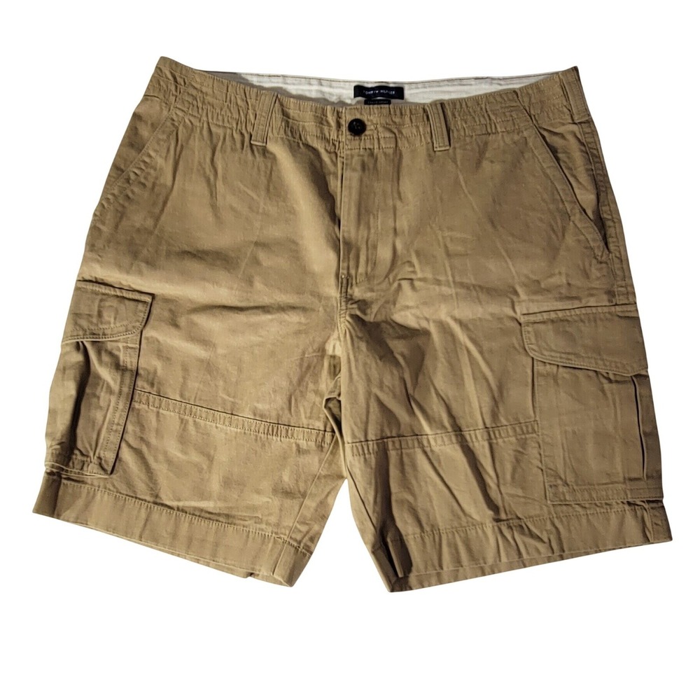 Tommy Hilfiger Mens Cargo Shorts Tan Khaki Cotton Twill Size 38 Multi Pocket